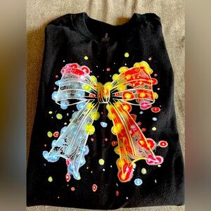 Festive Neon Light Bow Graphic Long Sleeve Tee – Black Unisex Size Medium